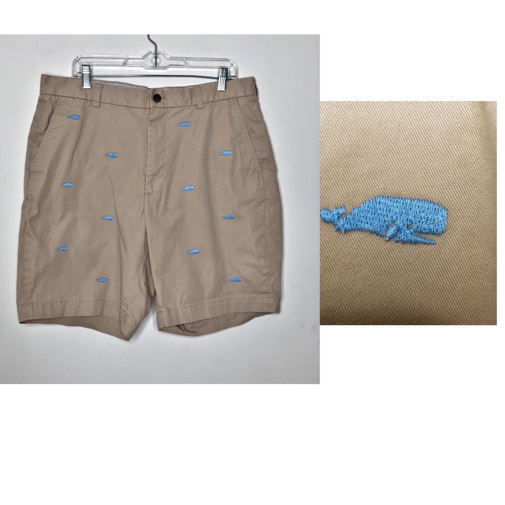 Brooks Brothers 346 Beige Whale Embroidered Chino Flat Front Shorts Men's W36